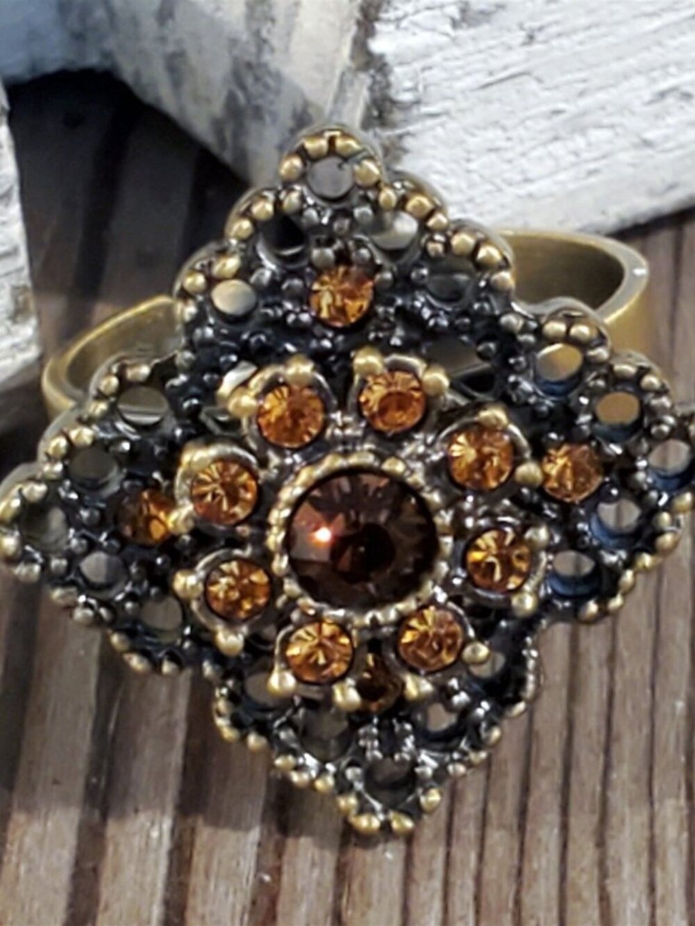 Victorian Style Antique Brass and Amber Orange Crystal Adjustable Cocktail Ring